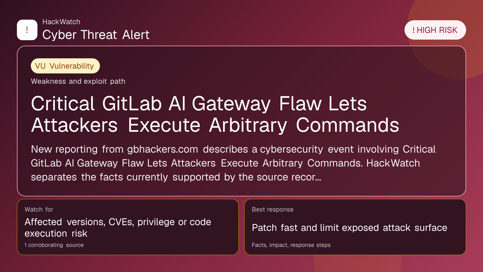 Critical GitLab AI Gateway Flaw Lets Attackers Execute Arbitrary Commands - HackWatch vulnerability alert image