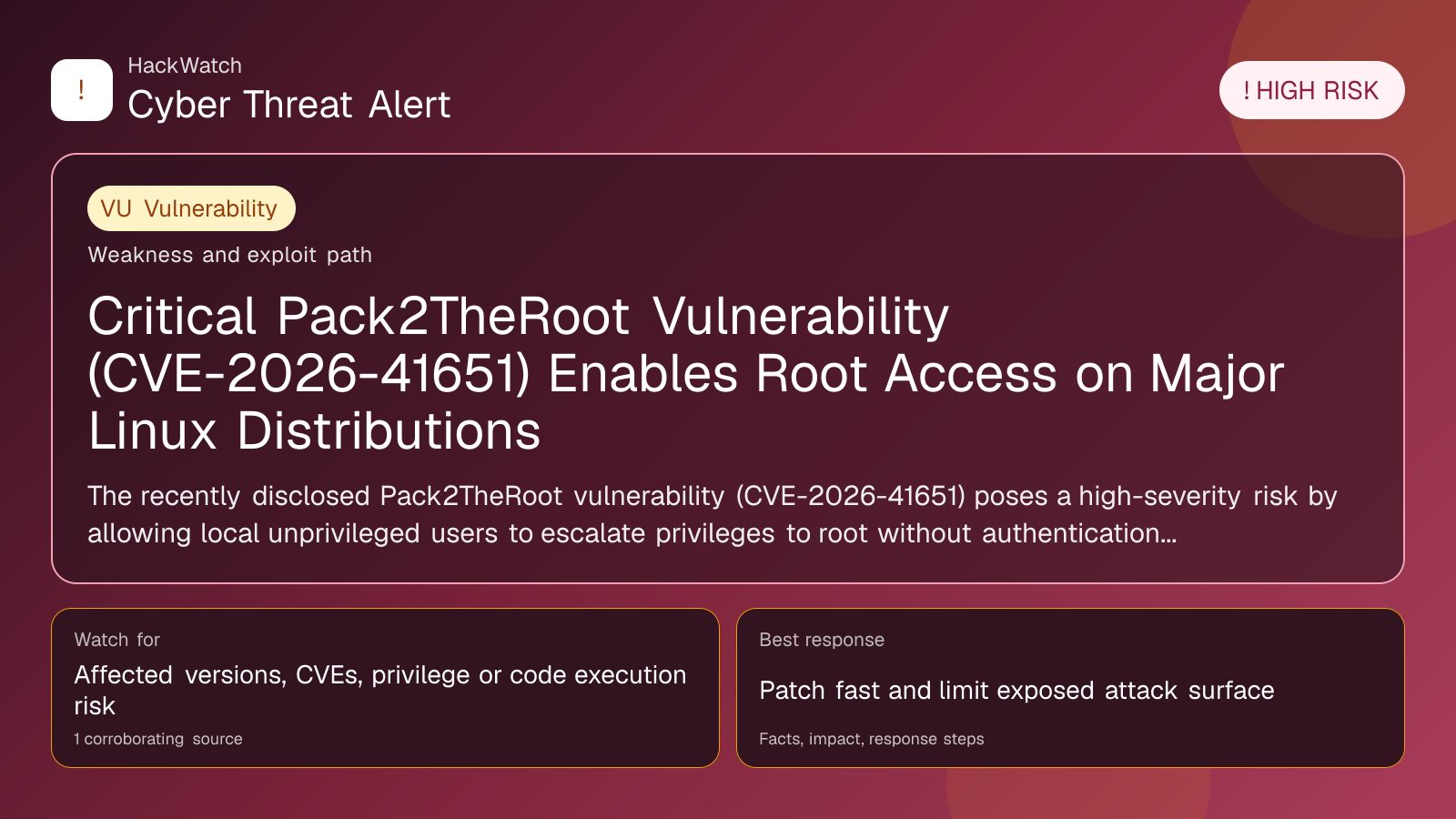 Critical Pack2TheRoot Vulnerability (CVE-2026-41651) Enables Root Access on Major Linux Distributions - HackWatch vulnerability alert image