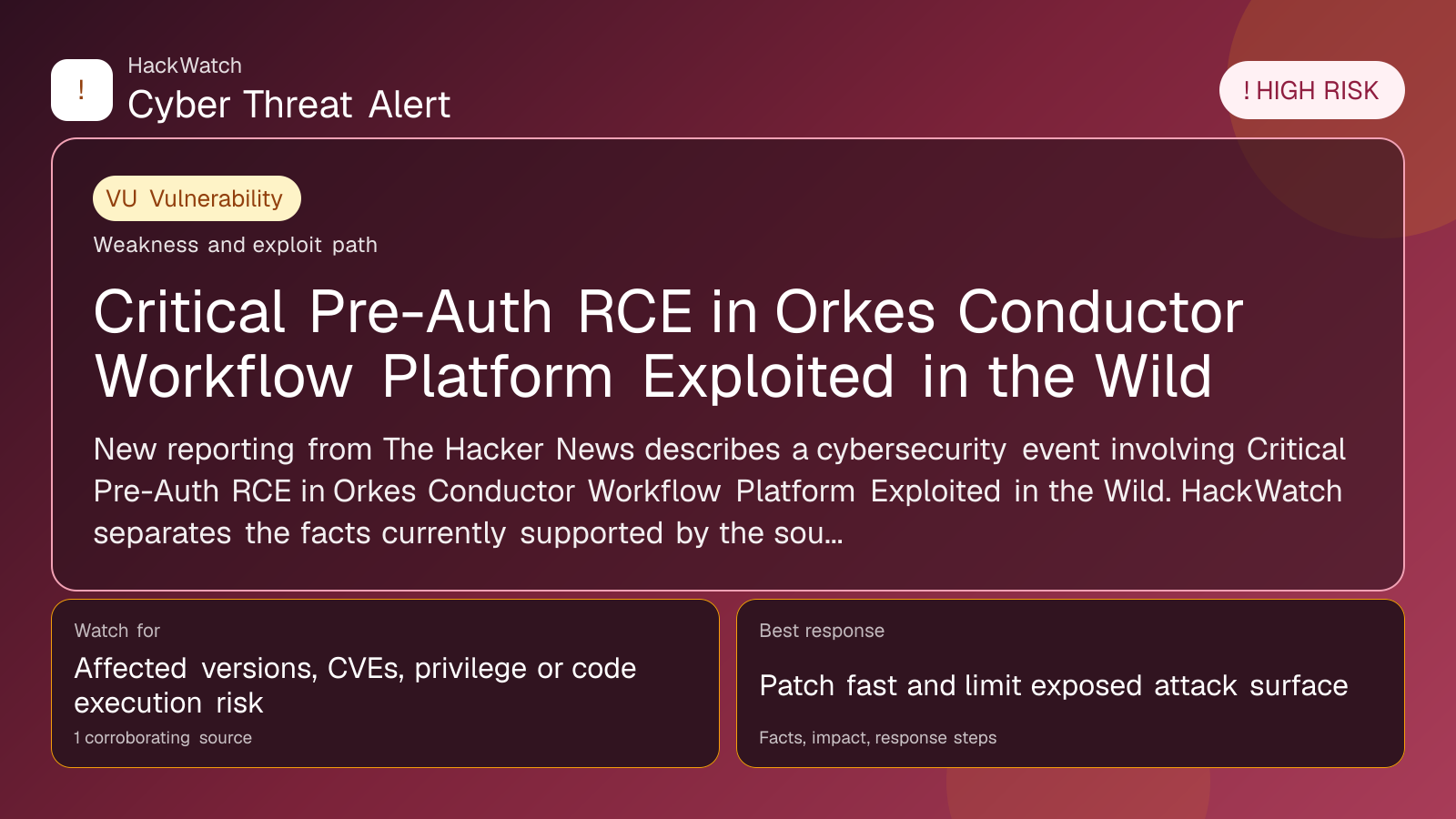 Critical Pre-Auth RCE in Orkes Conductor Workflow Platform Exploited in the Wild - HackWatch vulnerability alert image