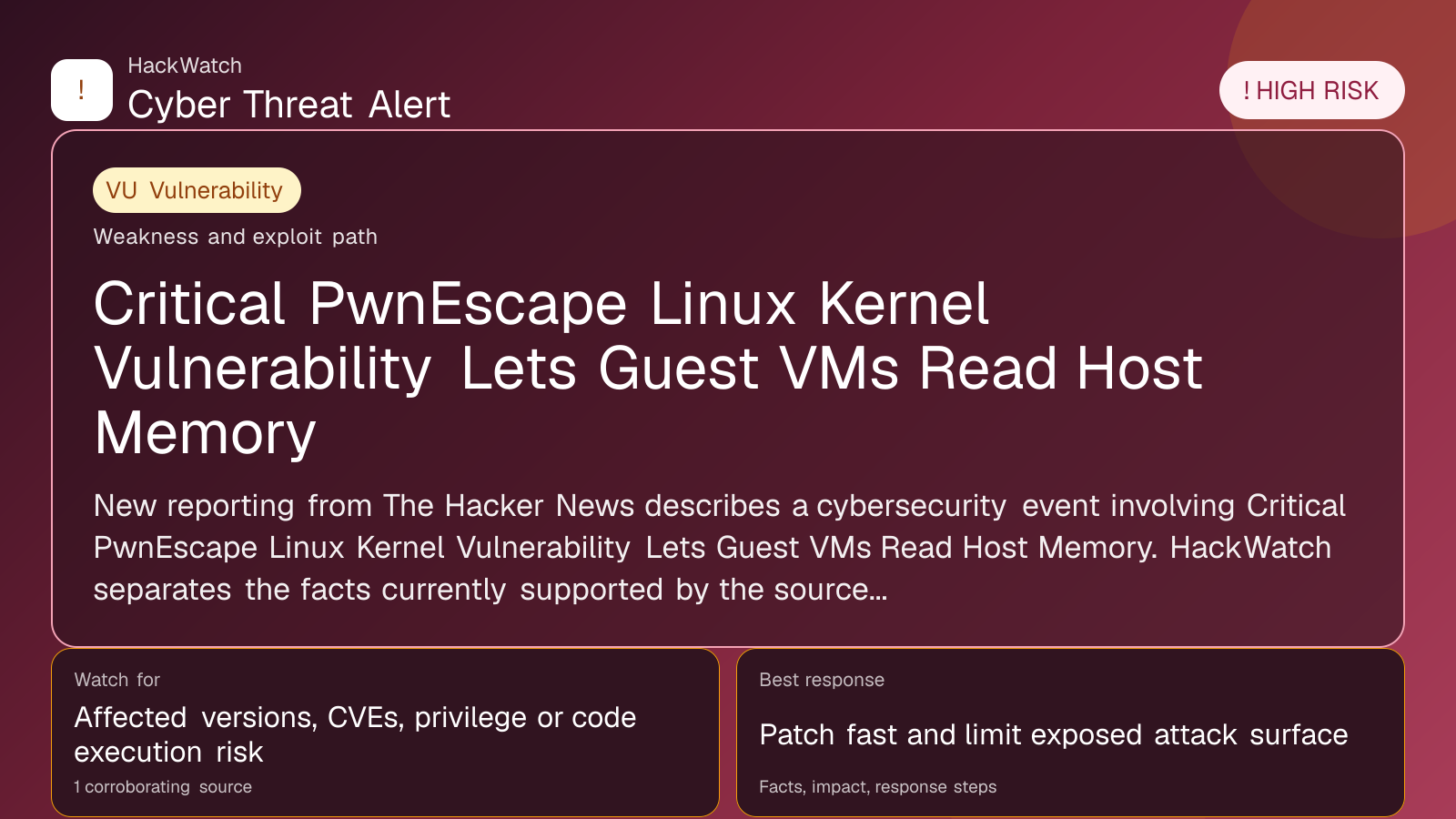 Critical PwnEscape Linux Kernel Vulnerability Lets Guest VMs Read Host Memory - HackWatch vulnerability alert image