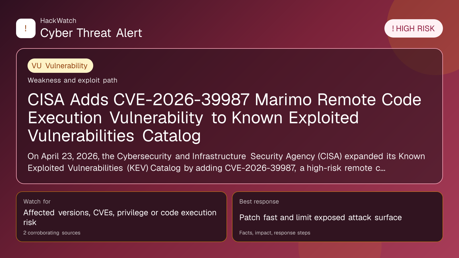 CISA Adds CVE-2026-39987 Marimo Remote Code Execution Vulnerability to Known Exploited Vulnerabilities Catalog - HackWatch vulnerability alert image