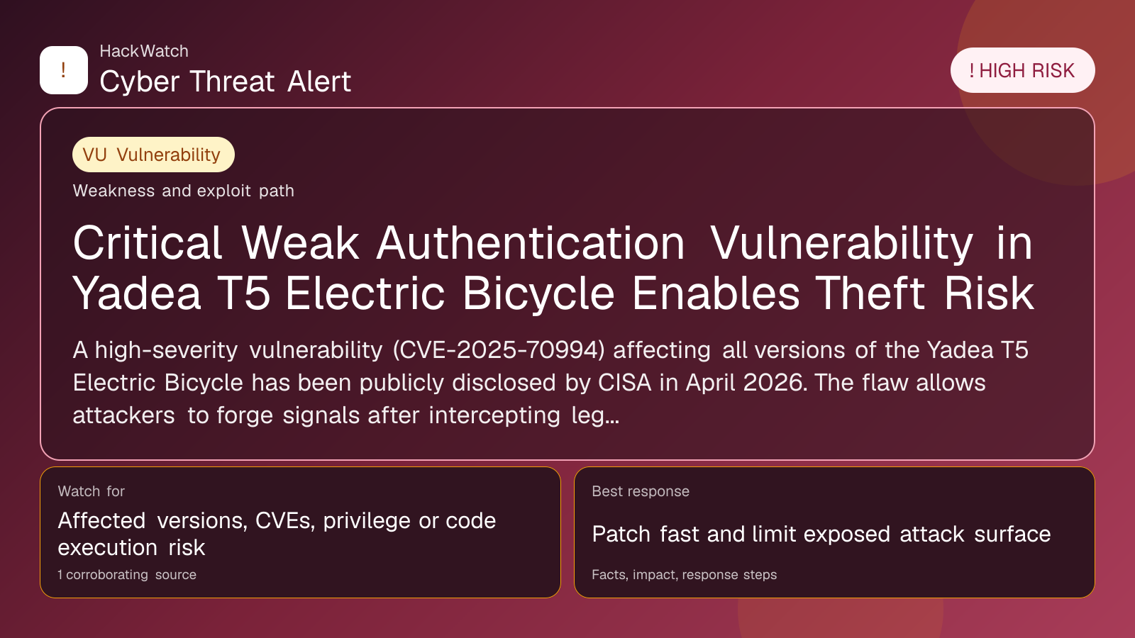 Critical Weak Authentication Vulnerability in Yadea T5 Electric Bicycle Enables Theft Risk - HackWatch vulnerability alert image