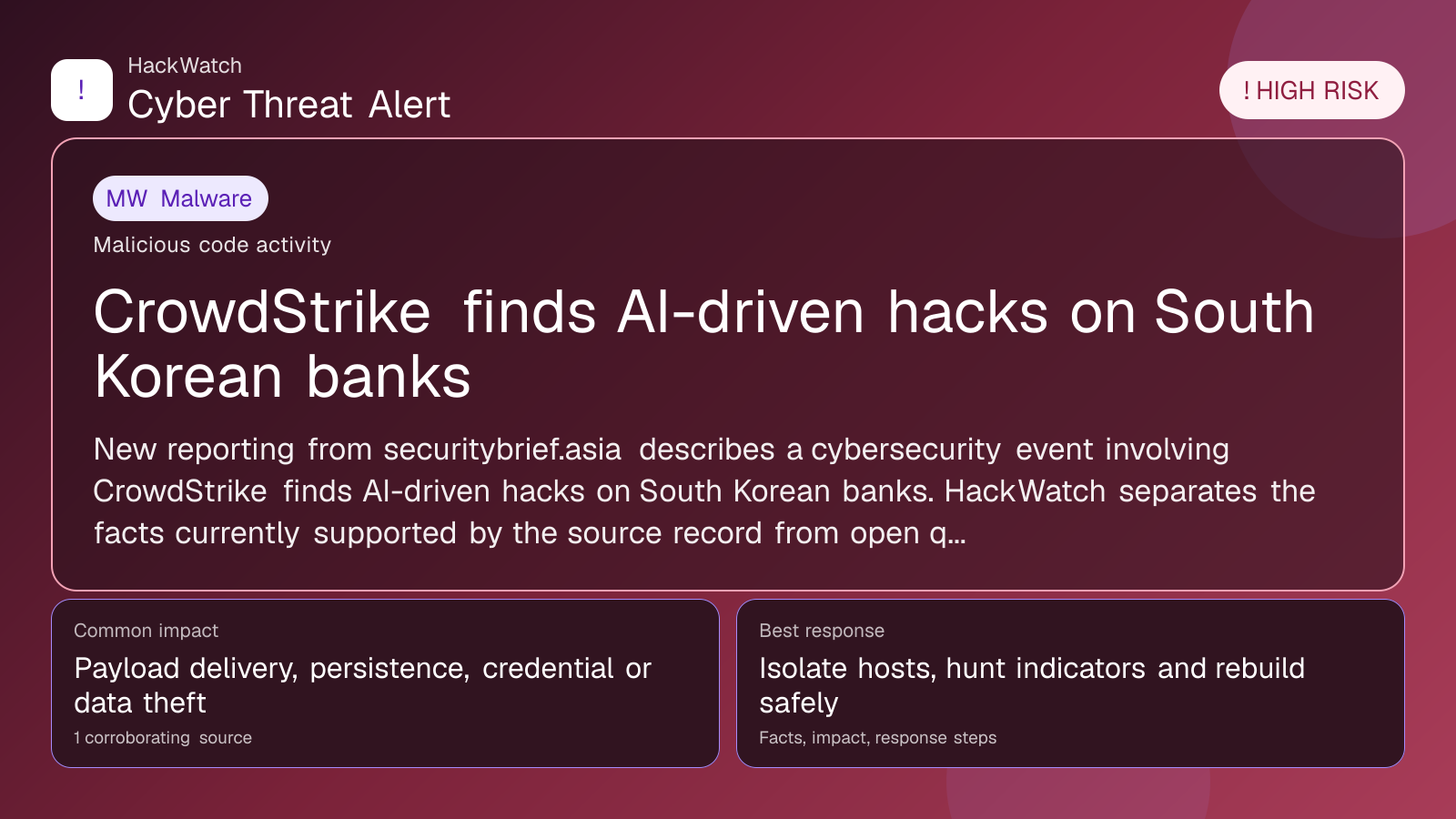 CrowdStrike finds AI-driven hacks on South Korean banks - HackWatch malware alert image