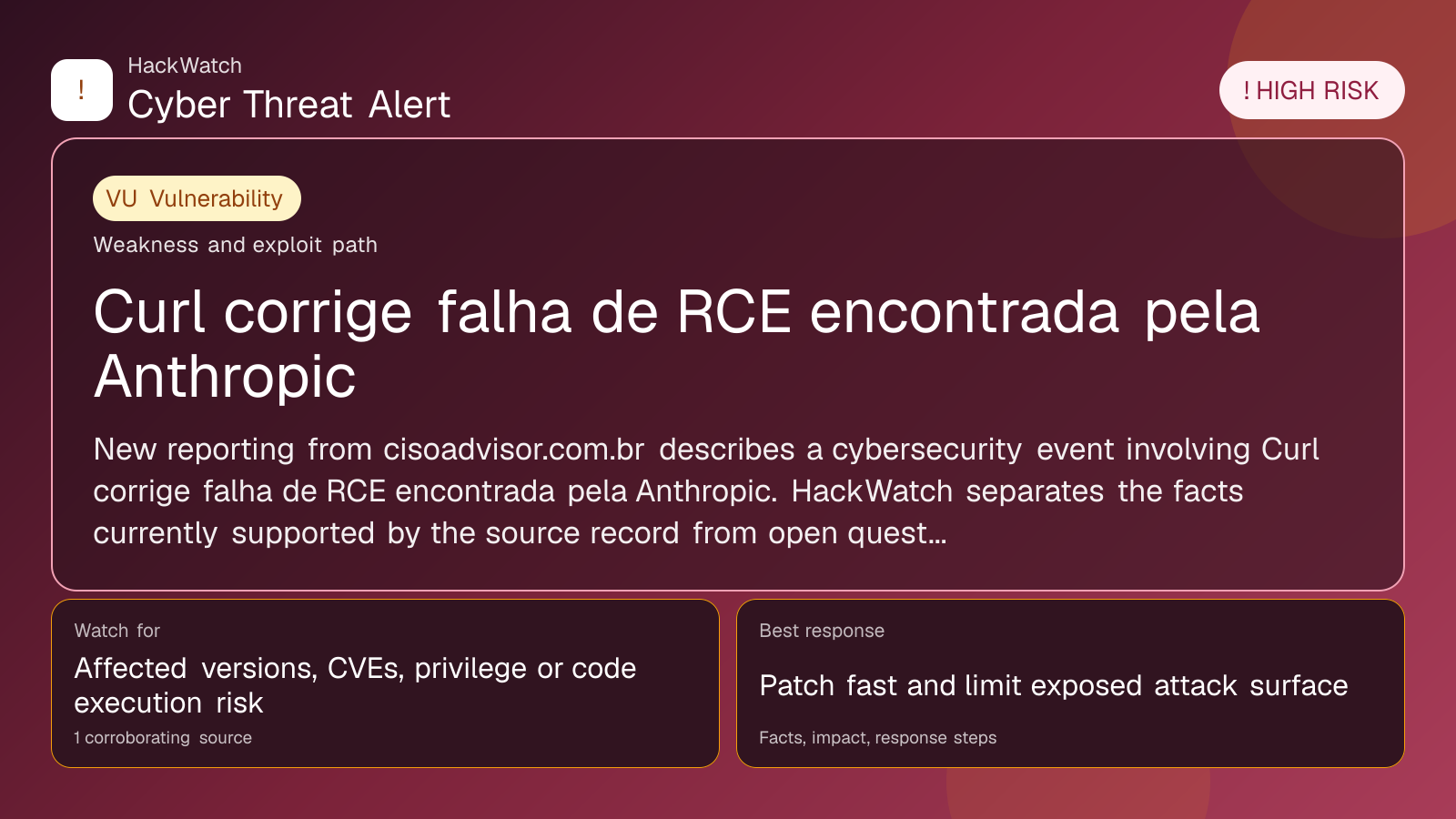 Curl corrige falha de RCE encontrada pela Anthropic - HackWatch vulnerability alert image