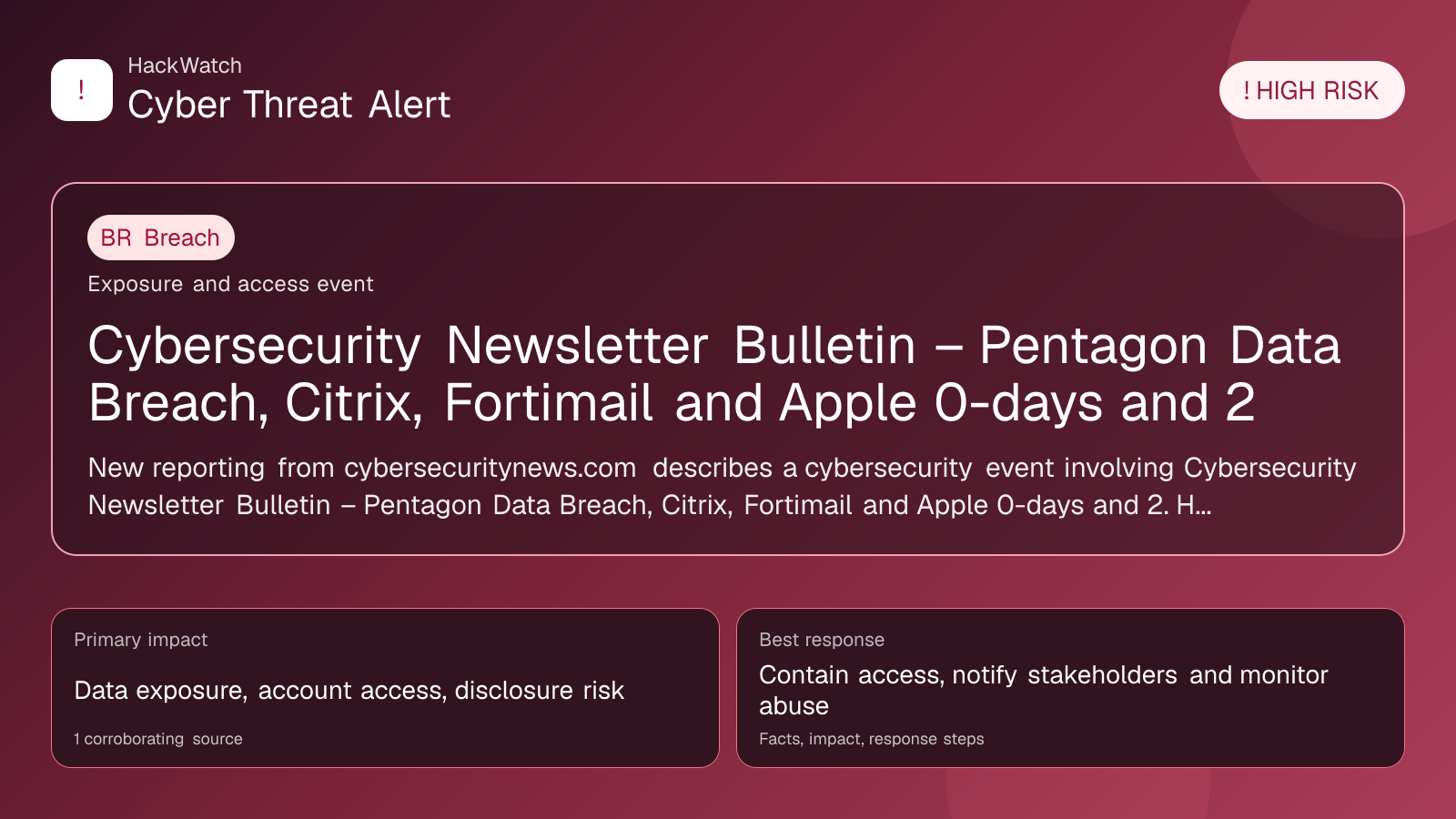 Cybersecurity Newsletter Bulletin – Pentagon Data Breach, Citrix, Fortimail and Apple 0-days and 2 - HackWatch breach alert image
