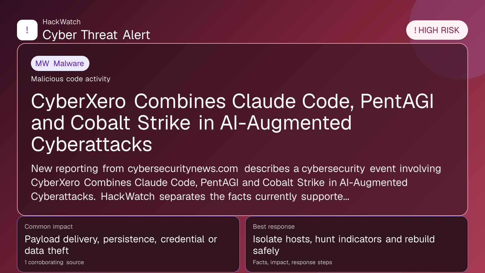 CyberXero Combines Claude Code, PentAGI and Cobalt Strike in AI-Augmented Cyberattacks - HackWatch malware alert image