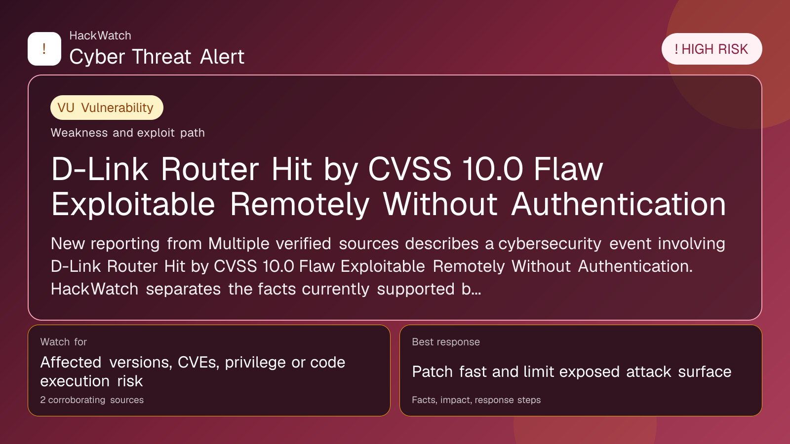 D-Link Router Hit by CVSS 10.0 Flaw Exploitable Remotely Without Authentication - HackWatch vulnerability alert image