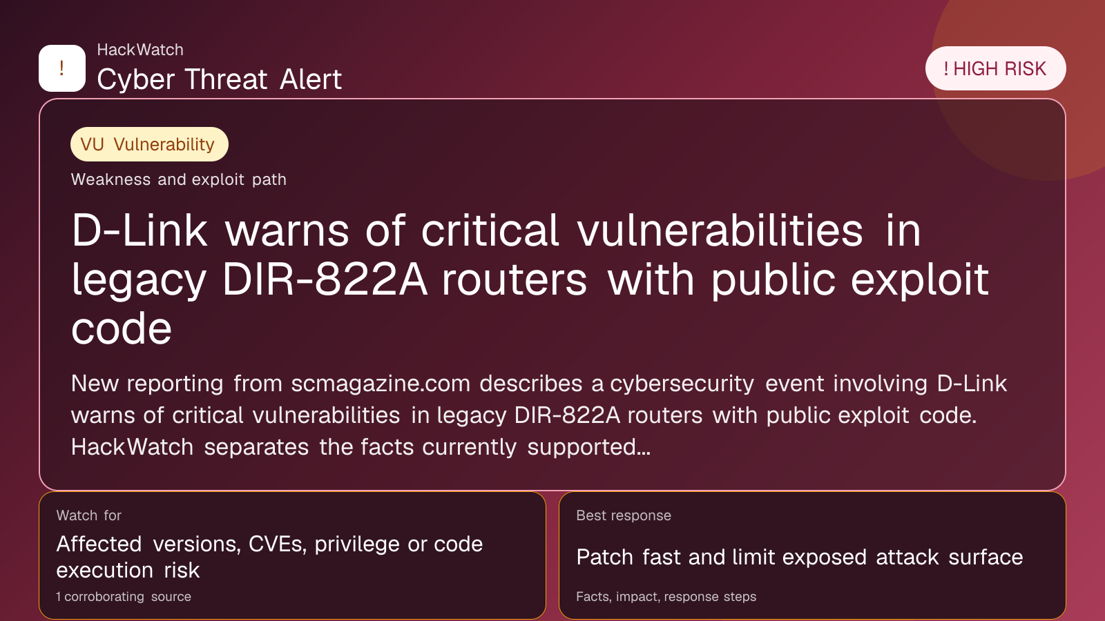 D-Link warns of critical vulnerabilities in legacy DIR-822A routers with public exploit code - HackWatch vulnerability alert image