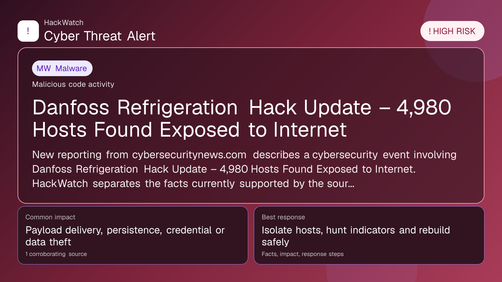 Danfoss Refrigeration Hack Update – 4,980 Hosts Found Exposed to Internet - HackWatch malware alert image