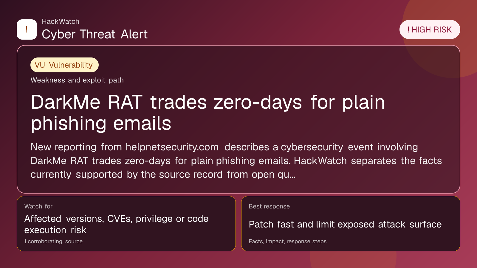DarkMe RAT trades zero-days for plain phishing emails - HackWatch vulnerability alert image
