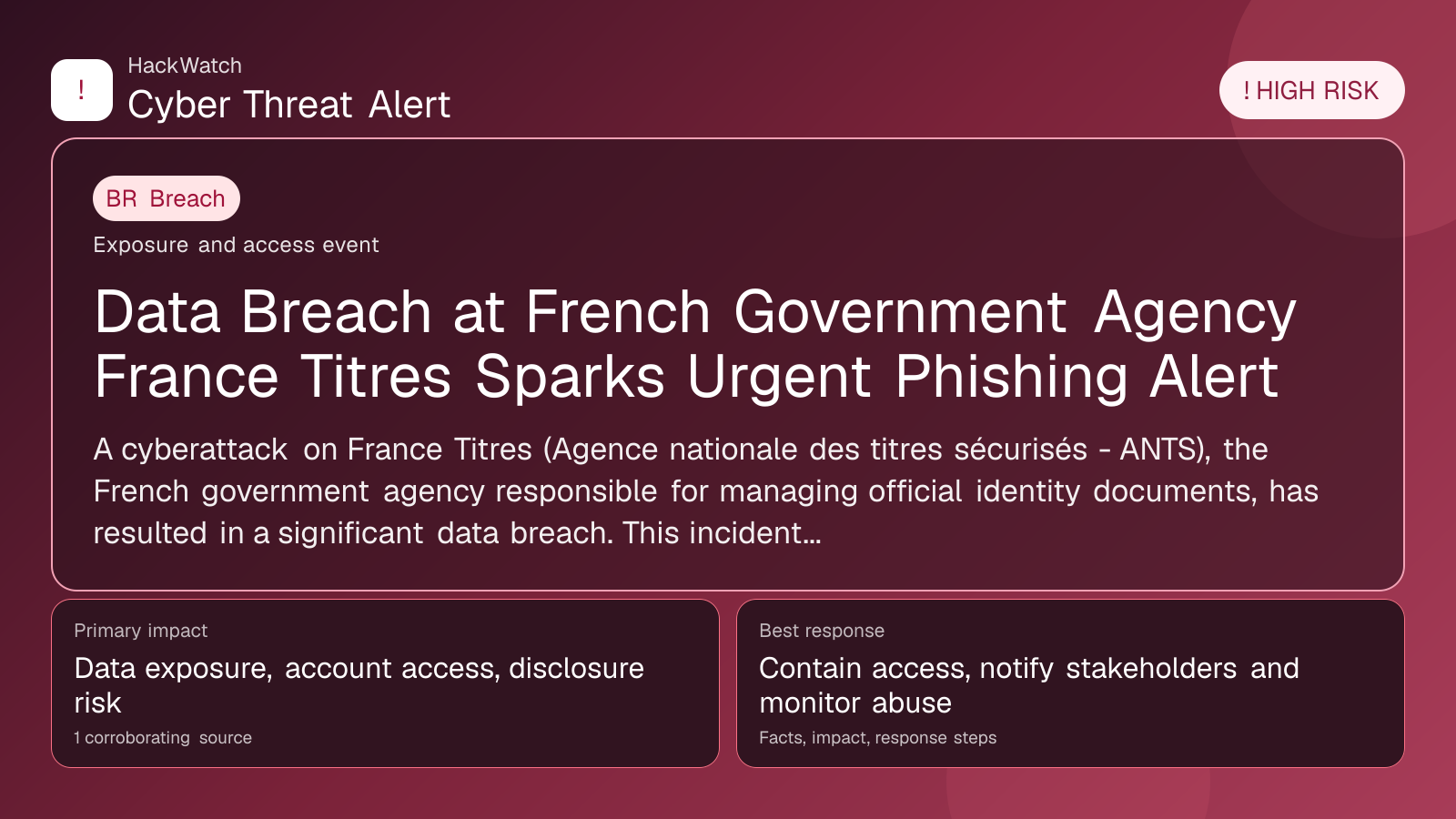 Data Breach at French Government Agency France Titres Sparks Urgent Phishing Alert - HackWatch breach alert image