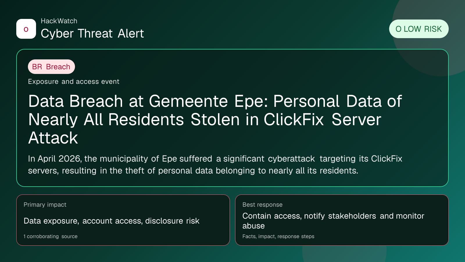 Data Breach at Gemeente Epe: Personal Data of Nearly All Residents Stolen in ClickFix Server Attack - HackWatch breach alert image