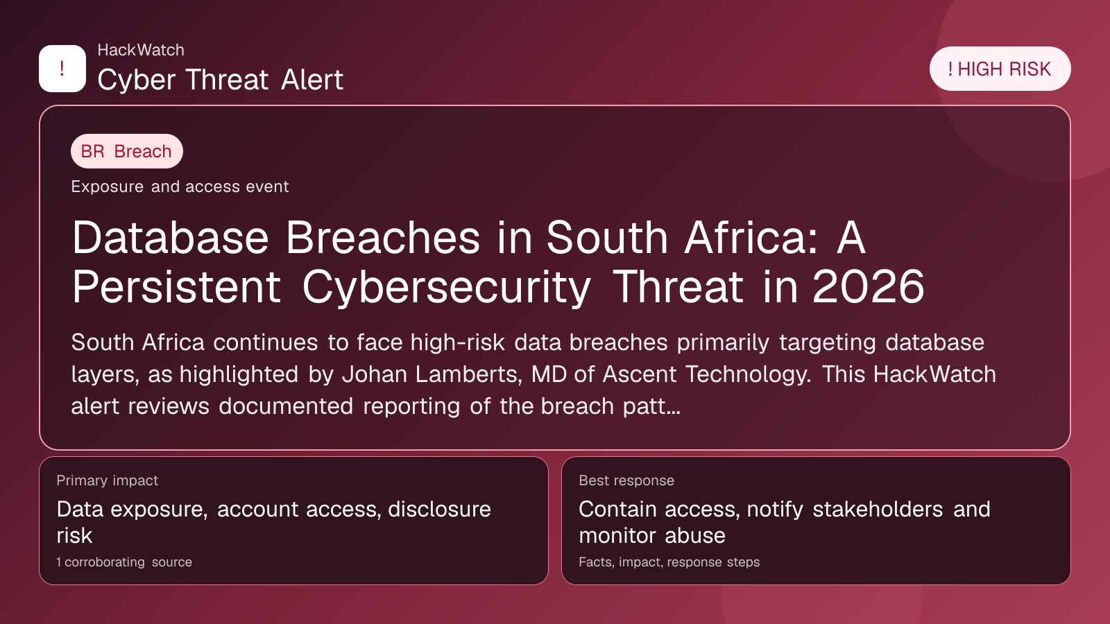 Database Breaches in South Africa: A Persistent Cybersecurity Threat in 2026 - HackWatch breach alert image