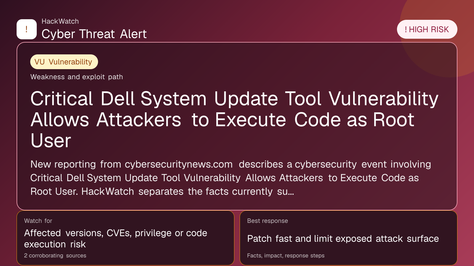 Critical Dell System Update Tool Vulnerability Allows Attackers to Execute Code as Root User - HackWatch vulnerability alert image