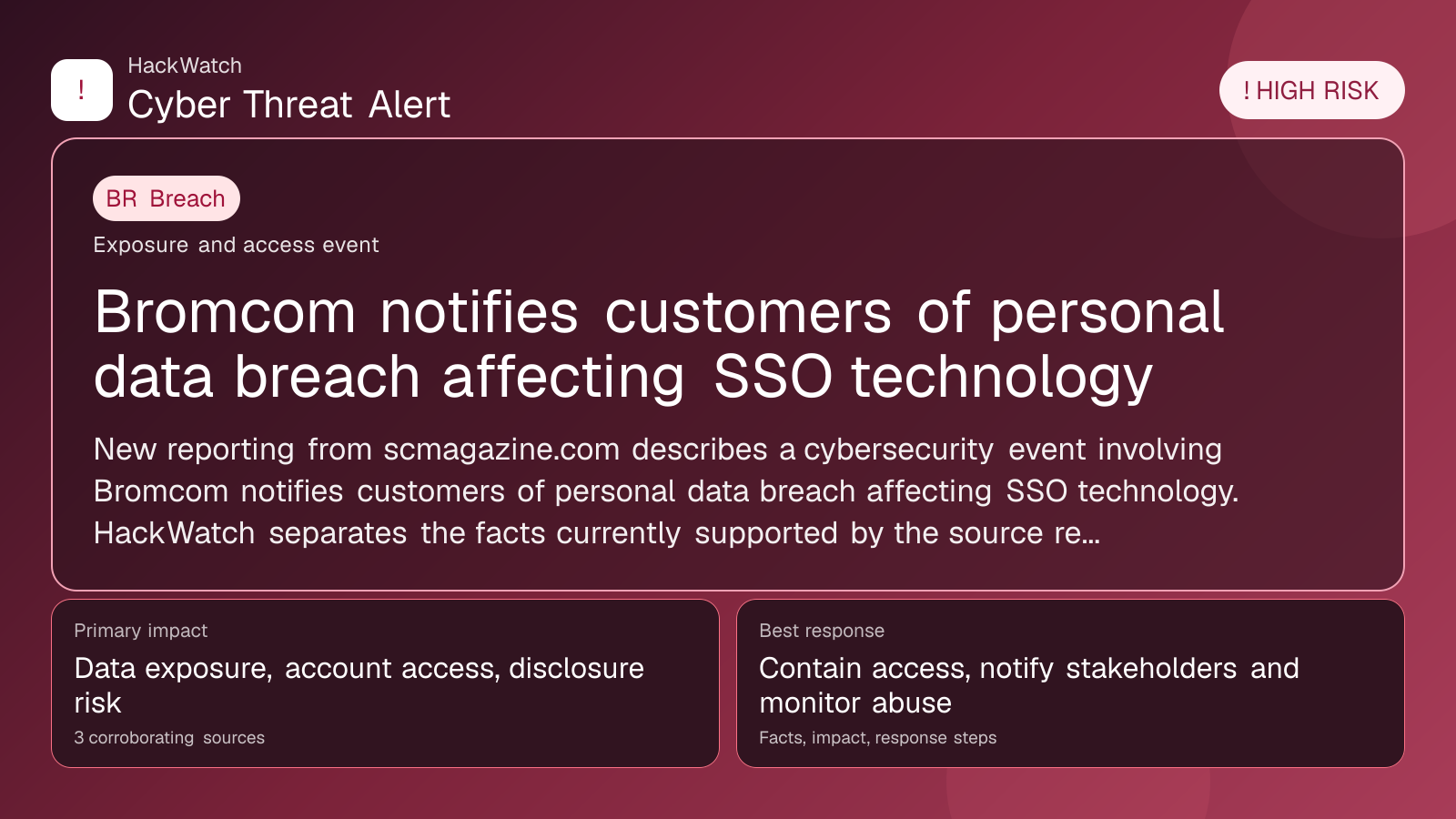 Bromcom notifies customers of personal data breach affecting SSO technology - HackWatch breach alert image