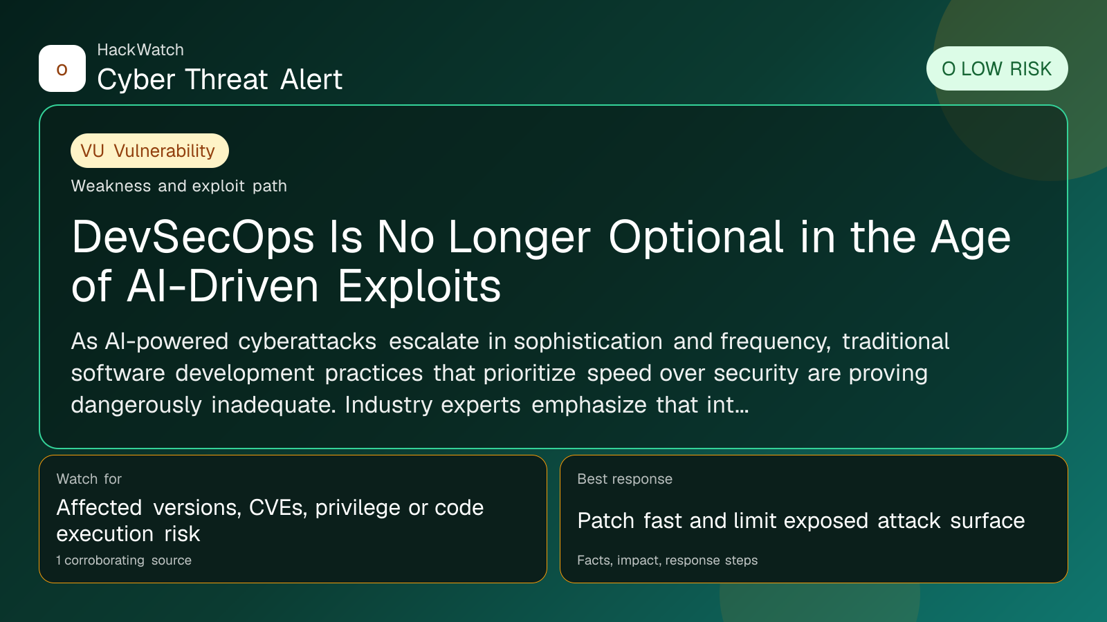 DevSecOps Is No Longer Optional in the Age of AI-Driven Exploits - HackWatch vulnerability alert image