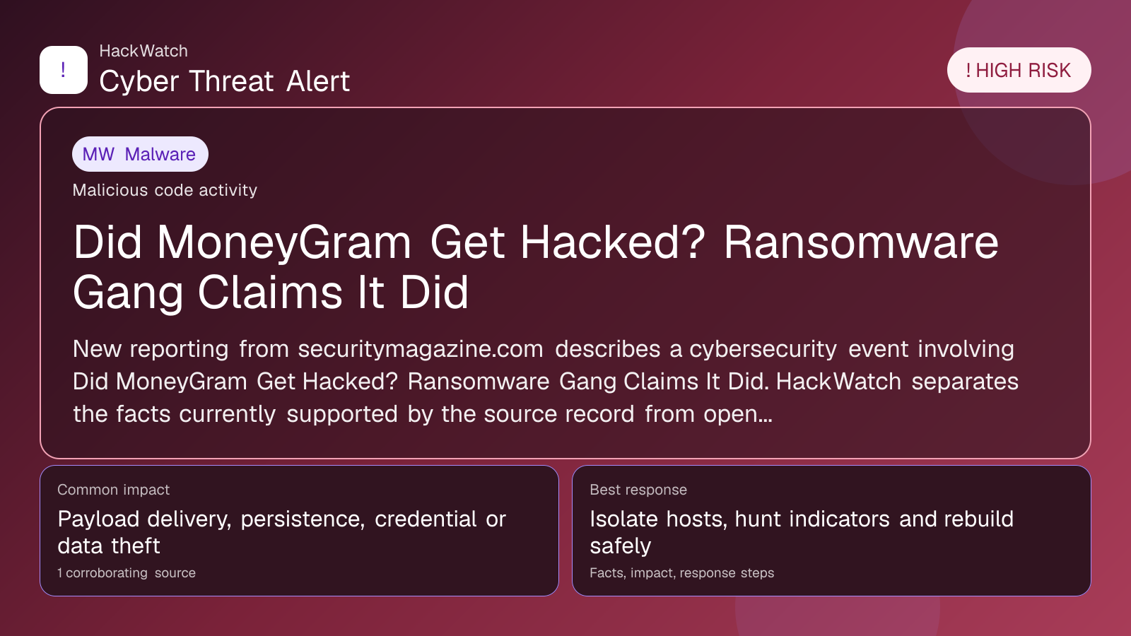 Did MoneyGram Get Hacked? Ransomware Gang Claims It Did - HackWatch malware alert image