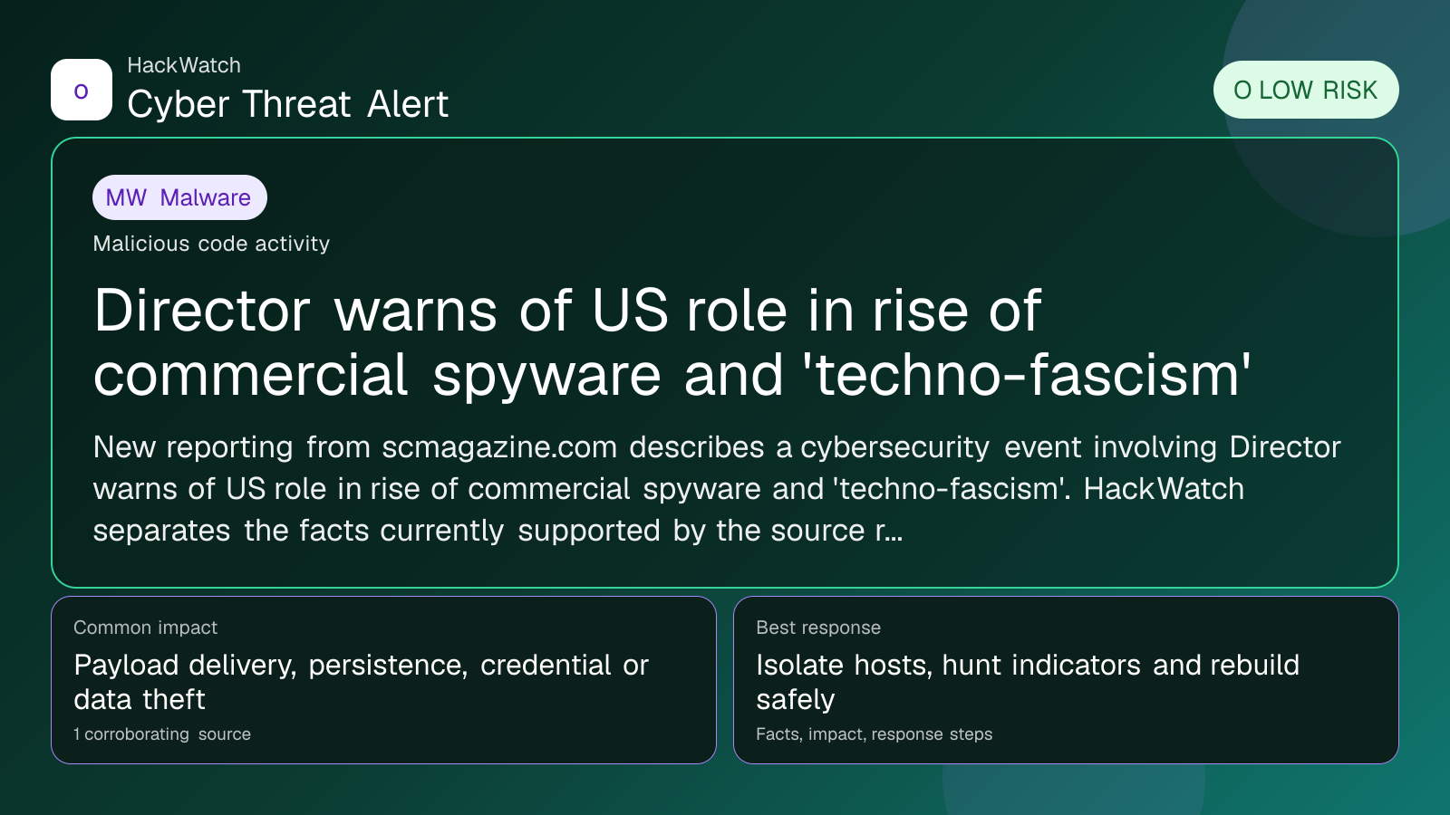Director warns of US role in rise of commercial spyware and 'techno-fascism' - HackWatch malware alert image