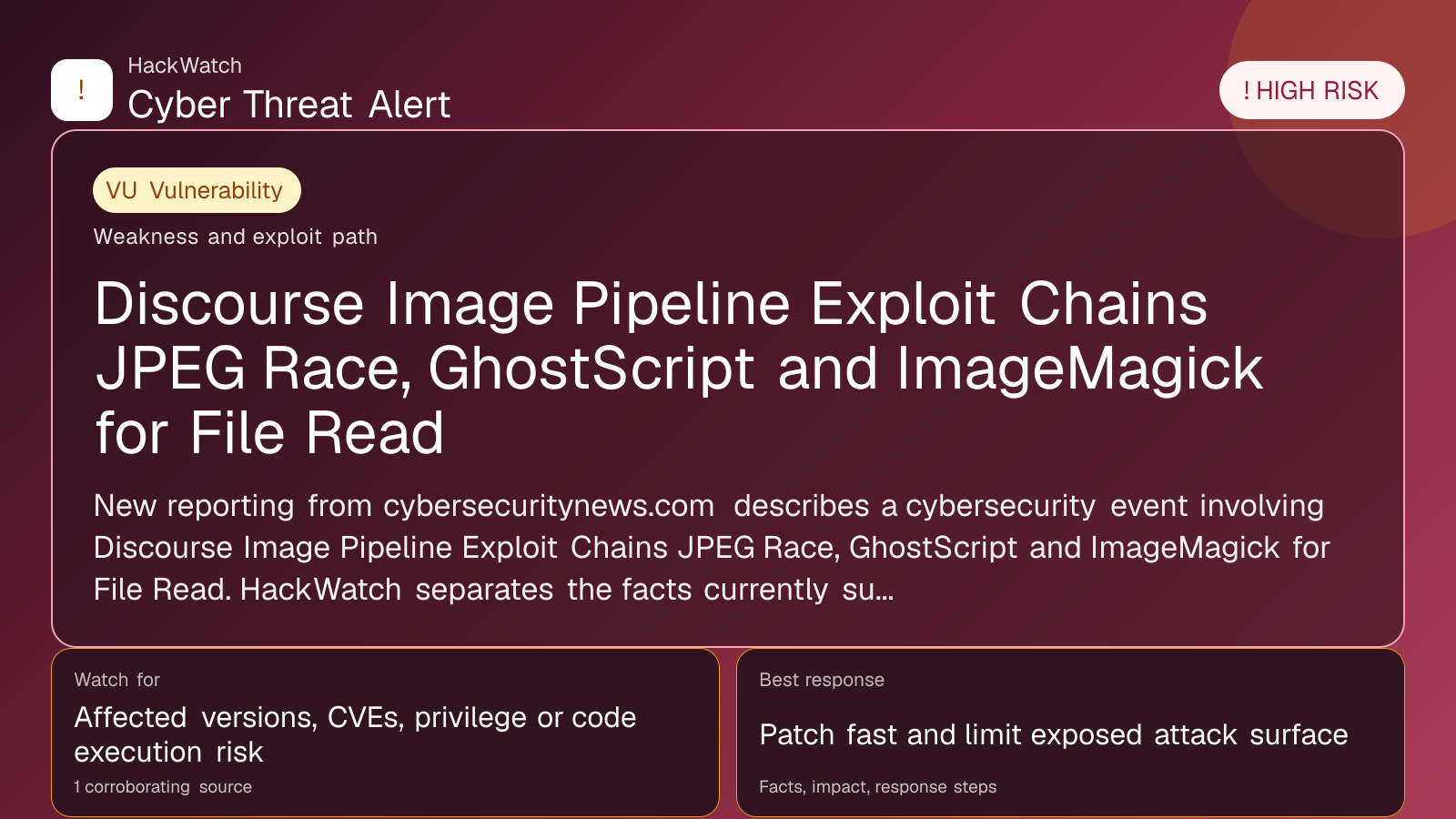 Discourse Image Pipeline Exploit Chains JPEG Race, GhostScript and ImageMagick for File Read - HackWatch vulnerability alert image