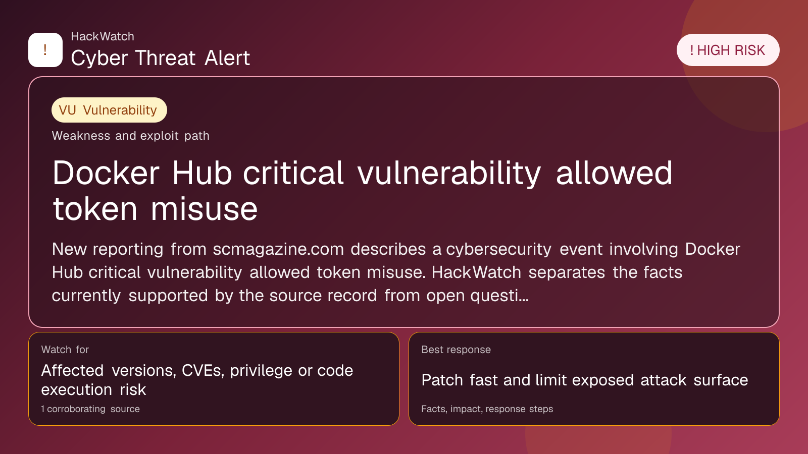 Docker Hub critical vulnerability allowed token misuse - HackWatch vulnerability alert image
