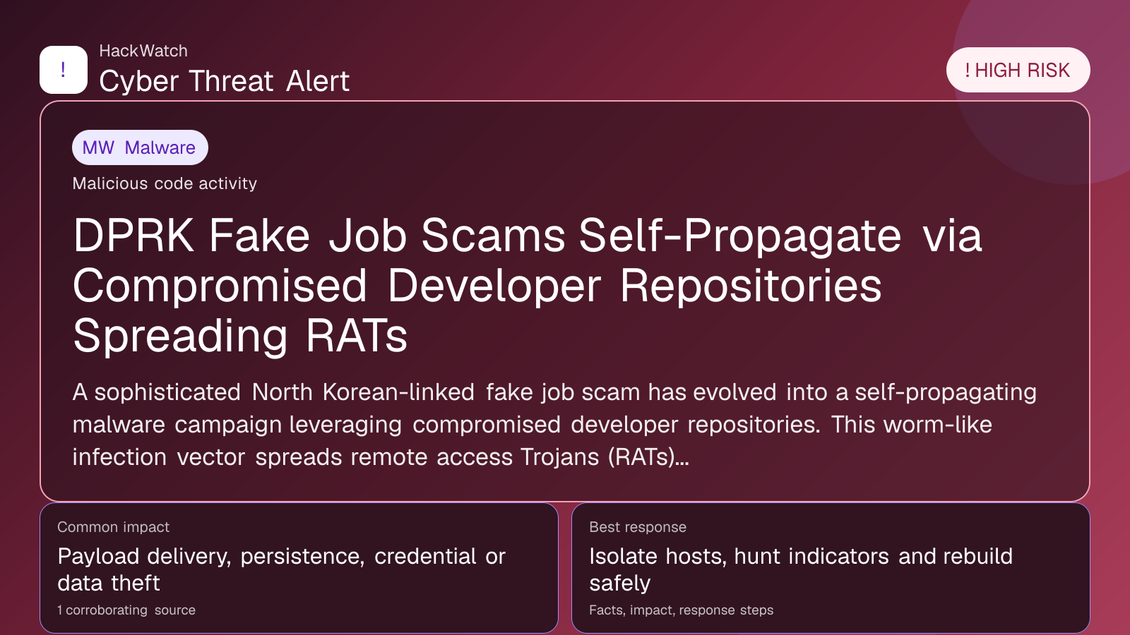 DPRK Fake Job Scams Self-Propagate via Compromised Developer Repositories Spreading RATs - HackWatch malware alert image