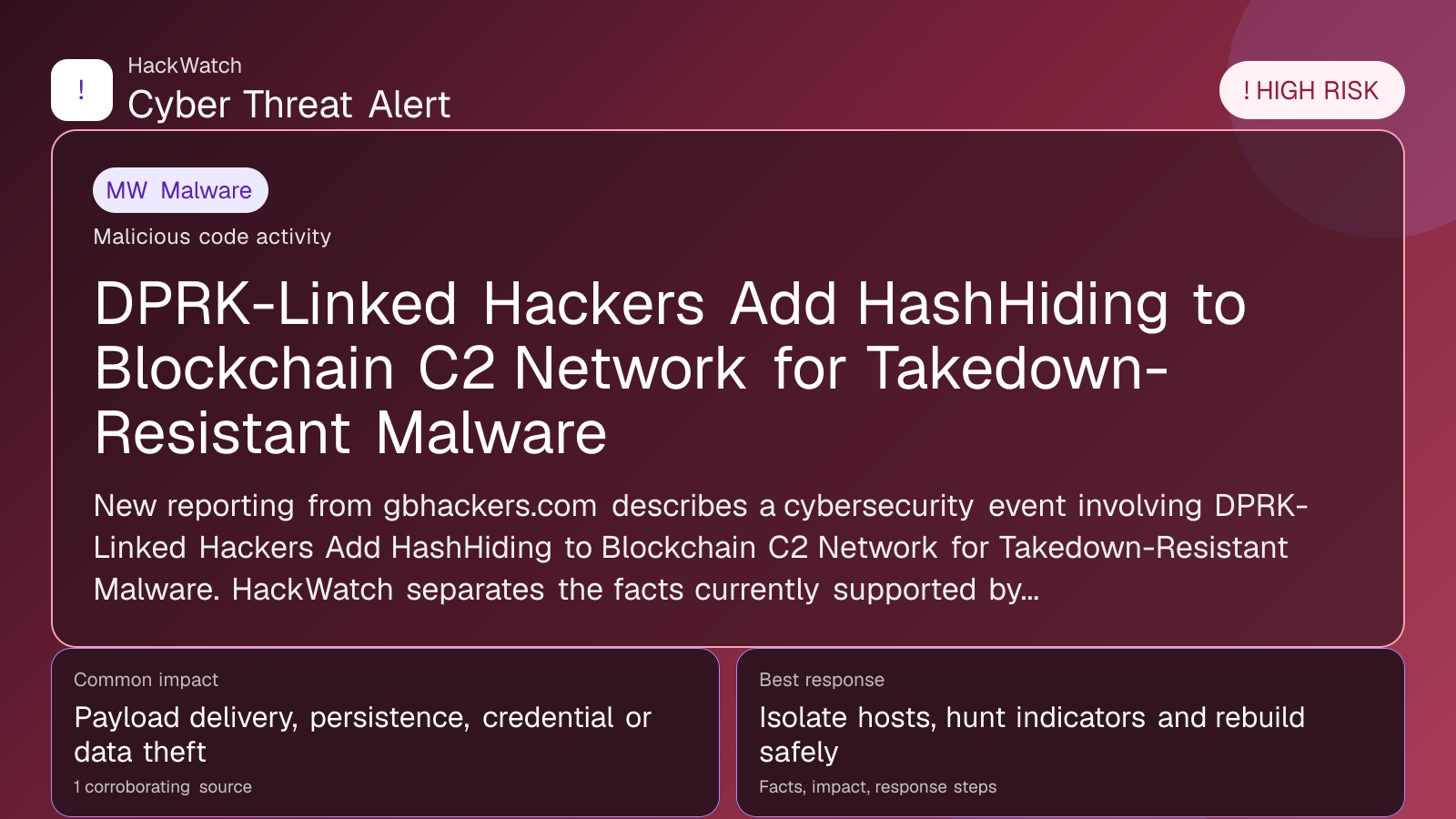 DPRK-Linked Hackers Add HashHiding to Blockchain C2 Network for Takedown-Resistant Malware - HackWatch malware alert image