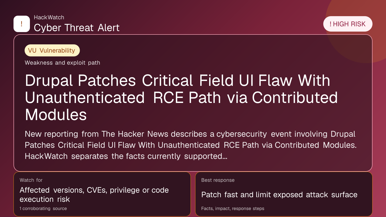 Drupal Patches Critical Core RCE Flaw with No-Login Path via Contributed Modules - HackWatch vulnerability alert image