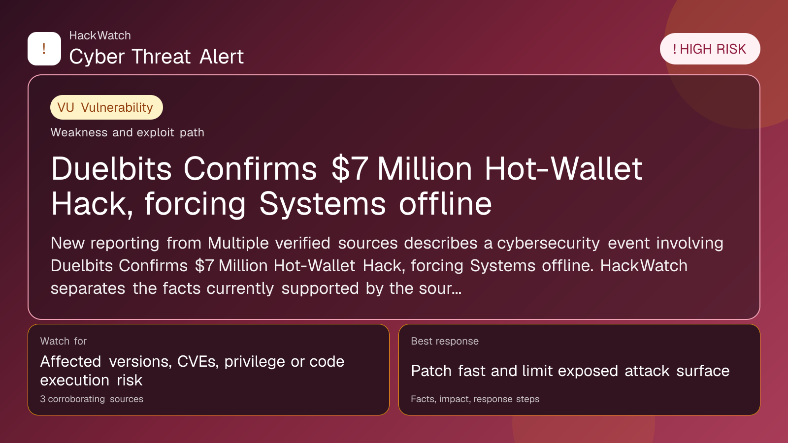Duelbits Confirms $7 Million Hot-Wallet Hack, forcing Systems offline - HackWatch malware alert image