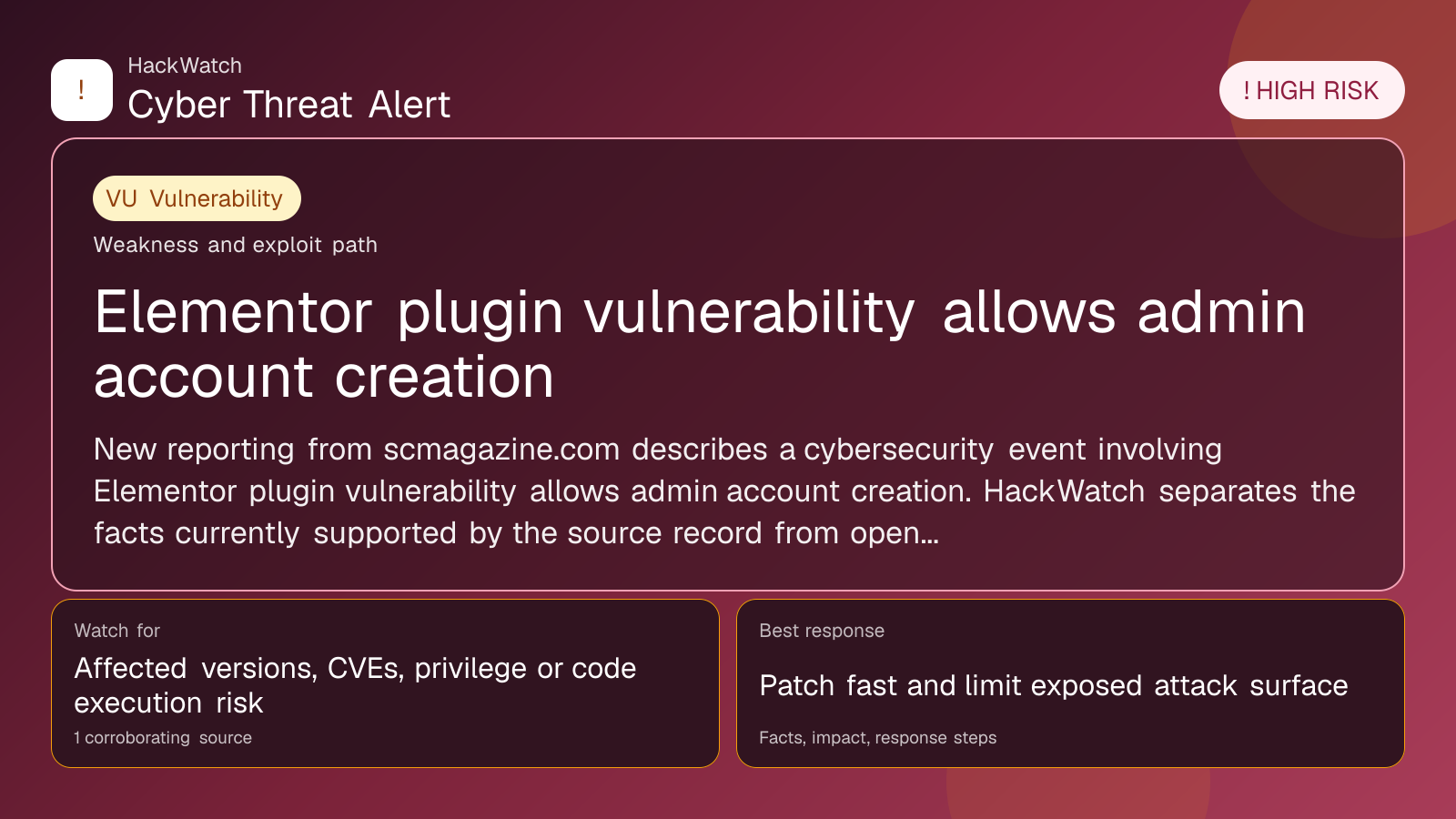 Elementor plugin vulnerability allows admin account creation - HackWatch vulnerability alert image
