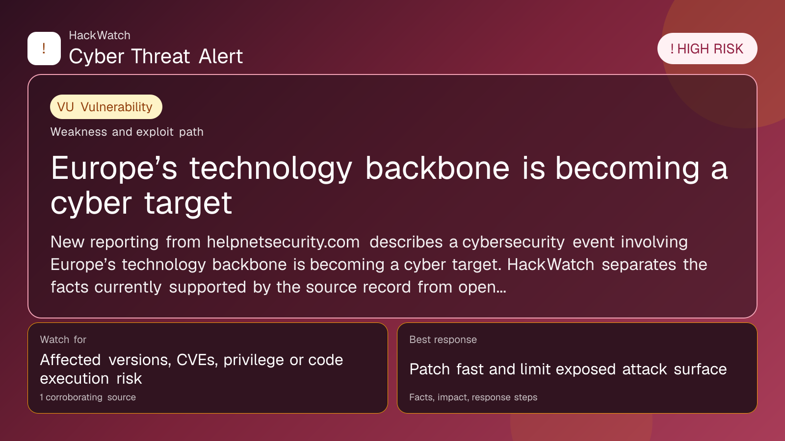 Europe’s technology backbone is becoming a cyber target - HackWatch vulnerability alert image