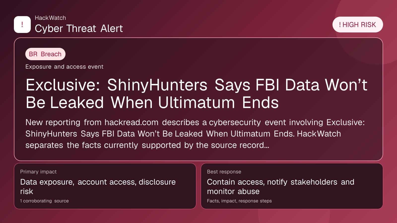 Exclusive: ShinyHunters Says FBI Data Won’t Be Leaked When Ultimatum Ends - HackWatch breach alert image