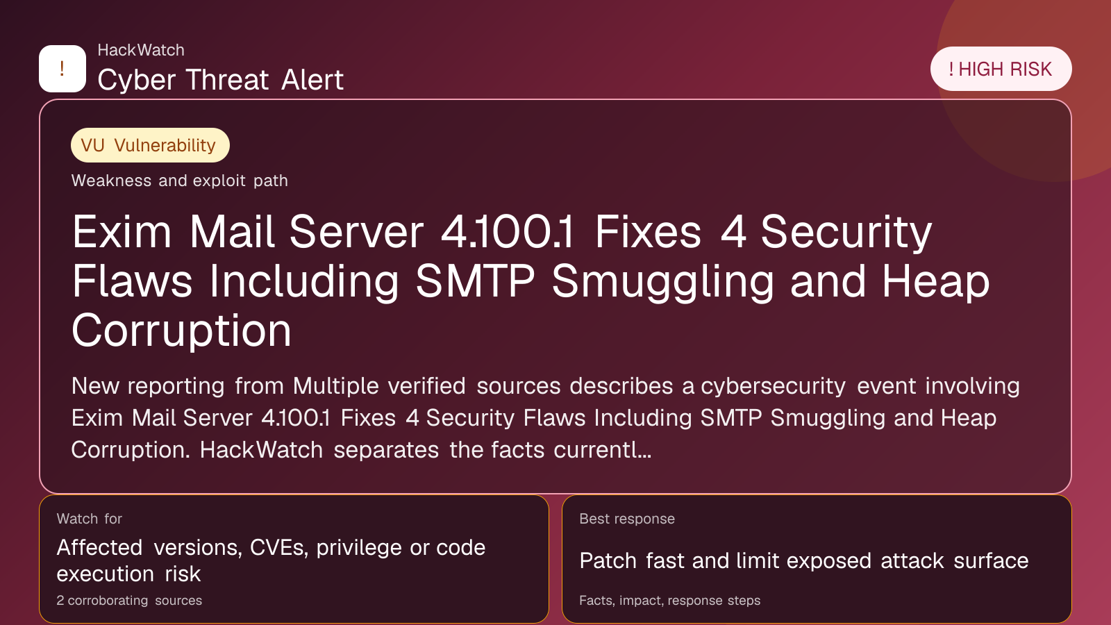 Exim Mail Server 4.100.1 Fixes 4 Security Flaws Including SMTP Smuggling and Heap Corruption - HackWatch vulnerability alert image