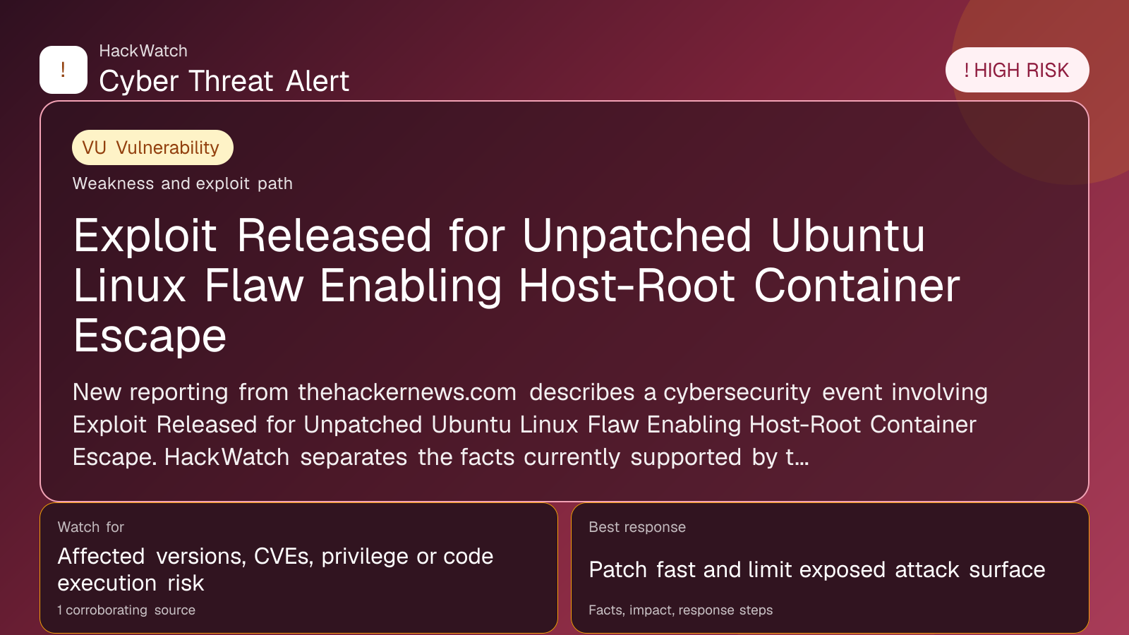 Exploit Released for Unpatched Ubuntu Linux Flaw Enabling Host-Root Container Escape - HackWatch vulnerability alert image