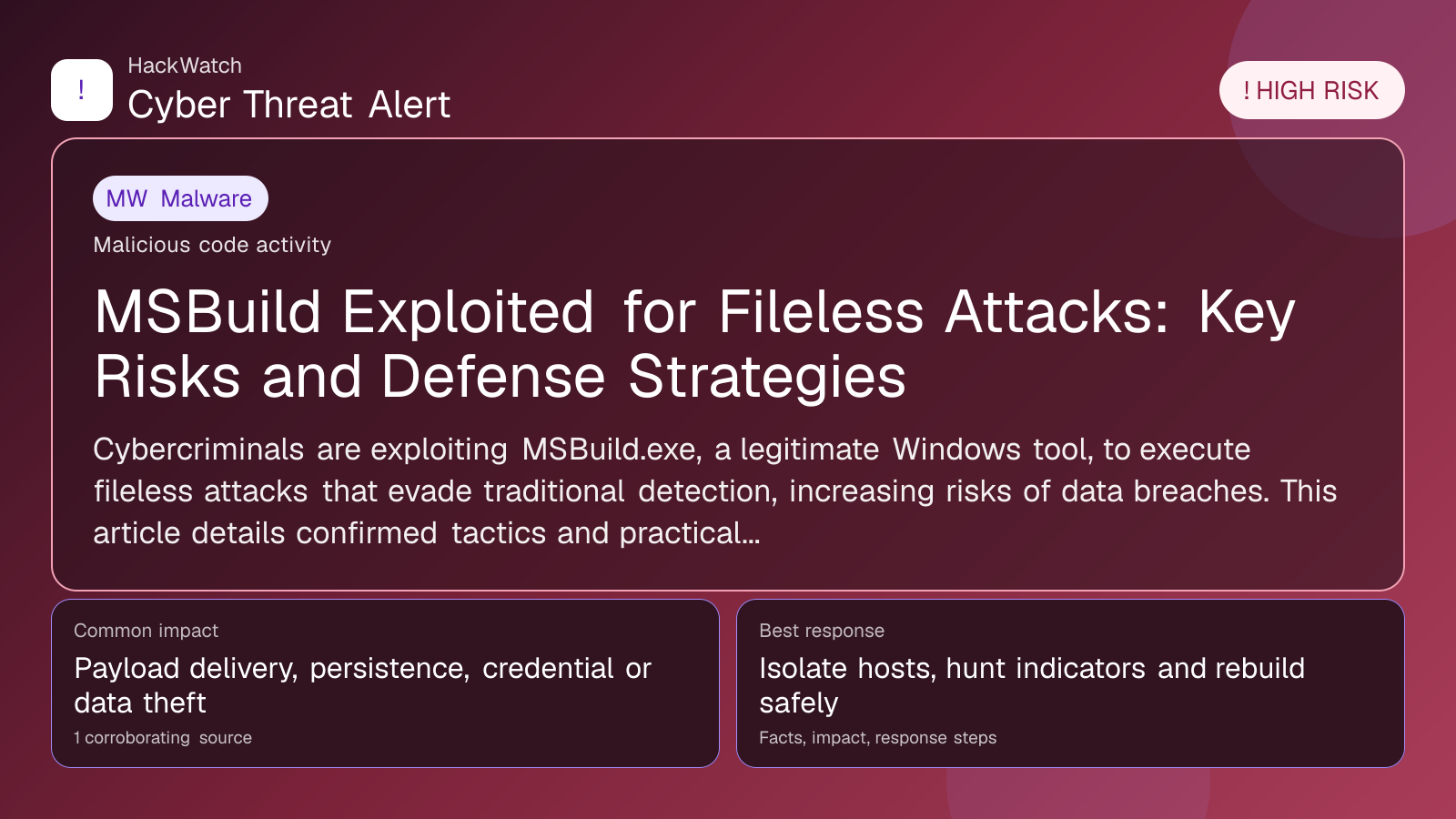 MSBuild Exploited for Fileless Attacks: Key Risks and Defense Strategies - HackWatch malware alert image