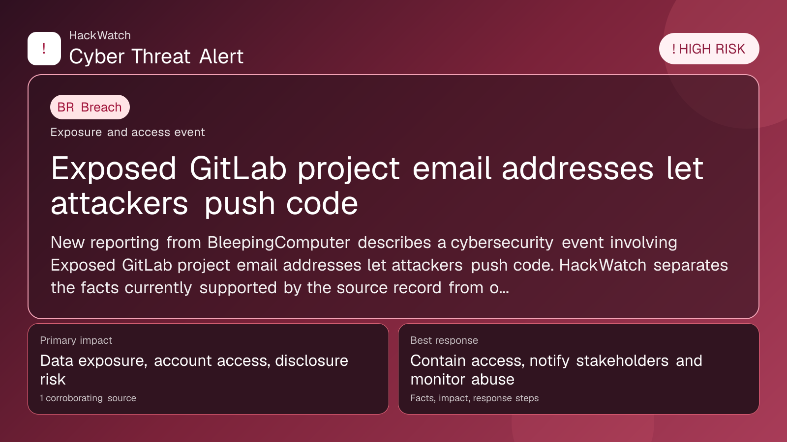 Exposed GitLab project email addresses let attackers push code - HackWatch breach alert image