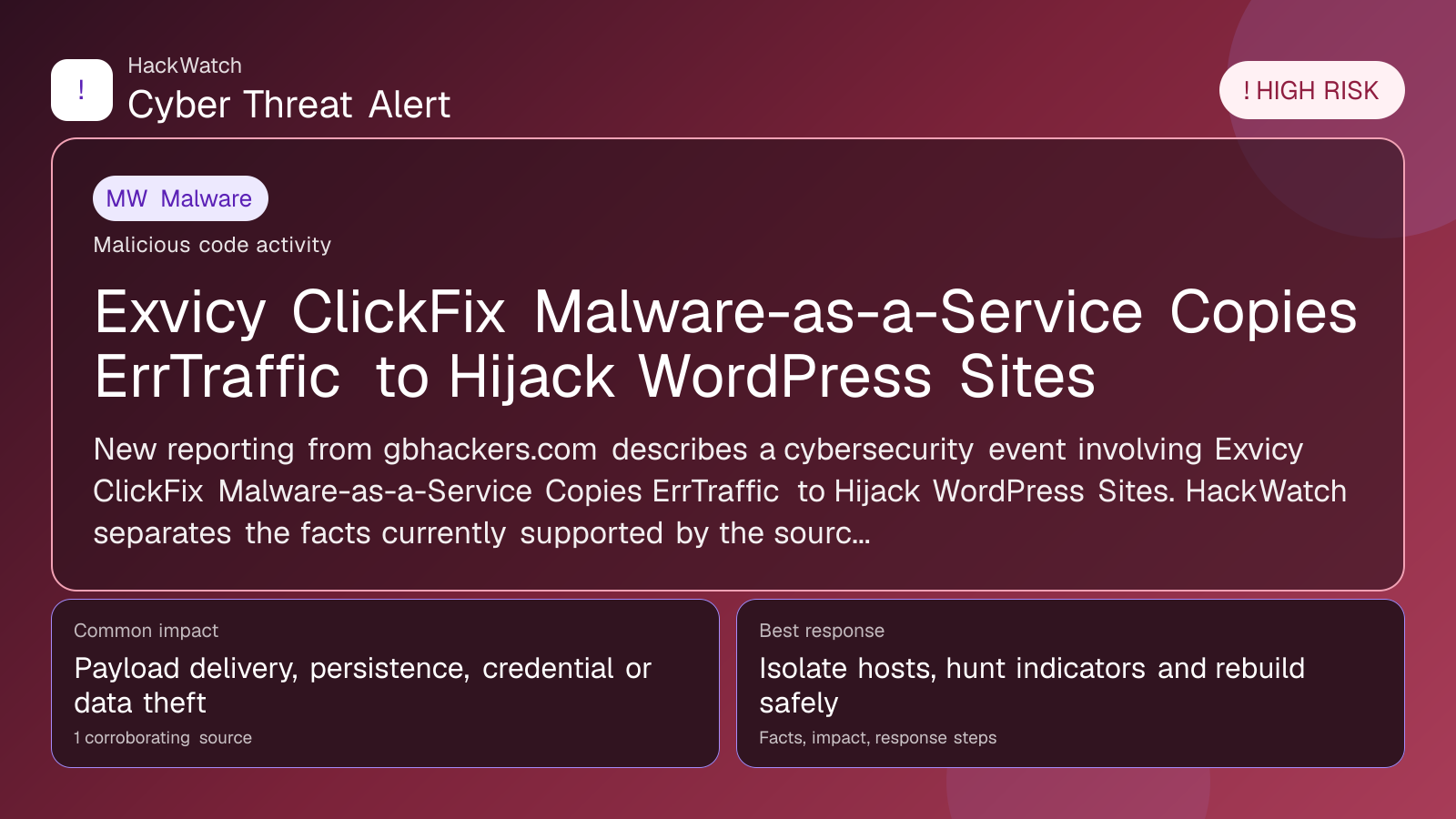 Exvicy ClickFix Malware-as-a-Service Copies ErrTraffic to Hijack WordPress Sites - HackWatch malware alert image