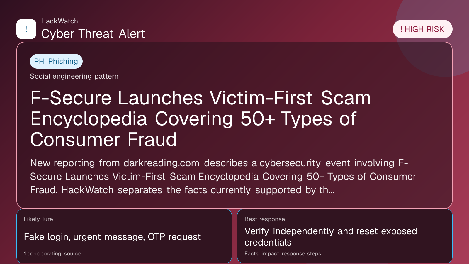 F-Secure Launches Victim-First Scam Encyclopedia Covering 50+ Types of Consumer Fraud - HackWatch phishing alert image