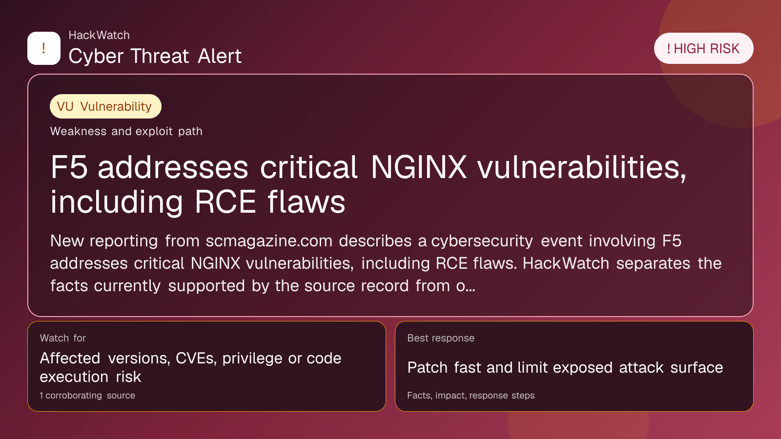 F5 addresses critical NGINX vulnerabilities, including RCE flaws - HackWatch vulnerability alert image