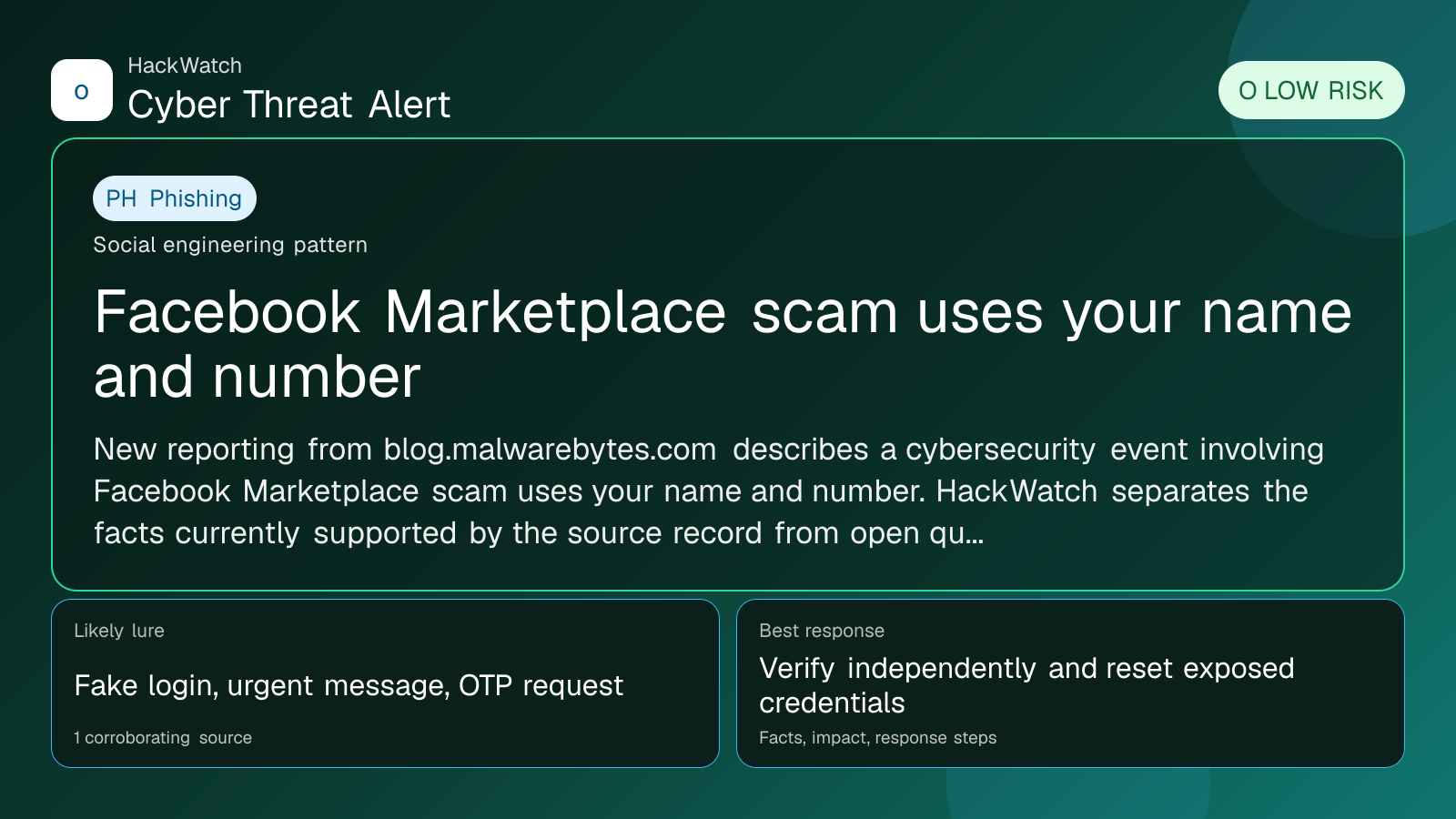 Facebook Marketplace scam uses your name and number - HackWatch phishing alert image
