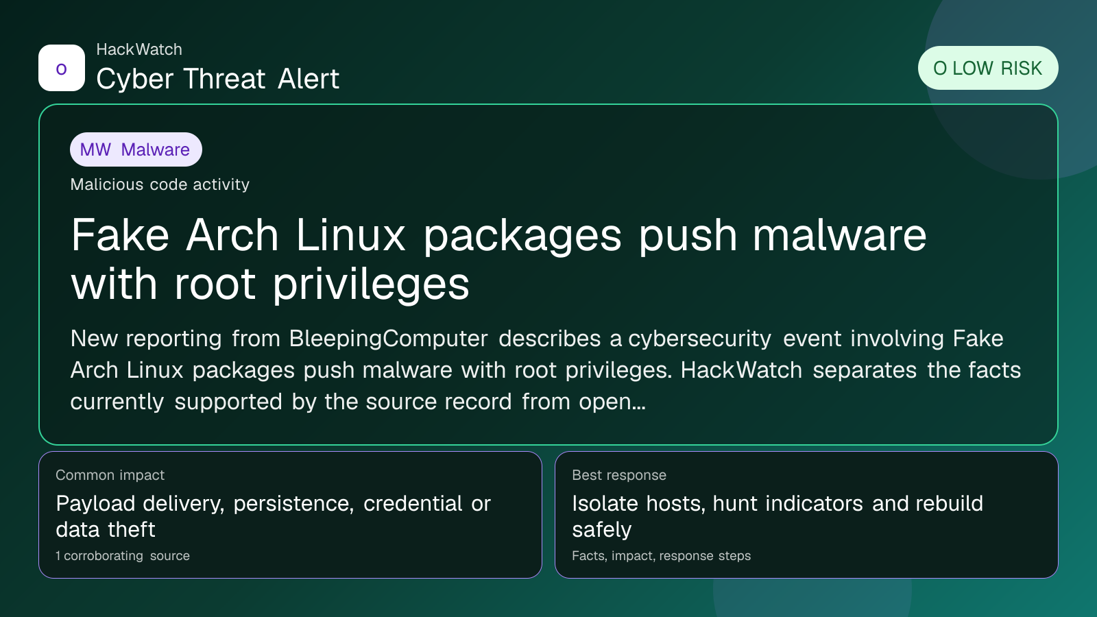 Fake Arch Linux packages push malware with root privileges - HackWatch malware alert image