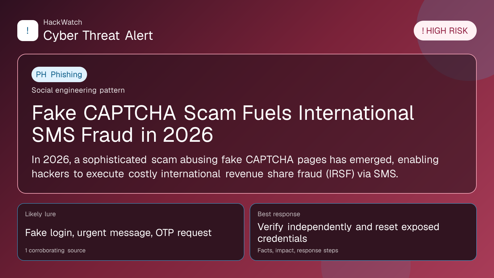 Fake CAPTCHA Scam Fuels International SMS Fraud in 2026 - HackWatch phishing alert image