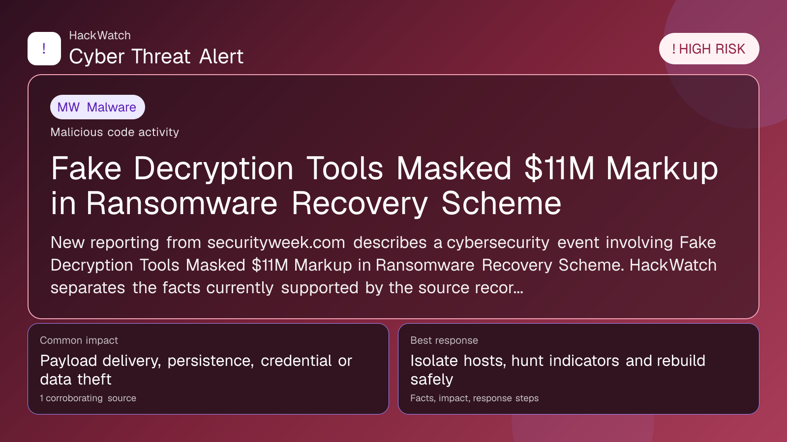 Fake Decryption Tools Masked $11M Markup in Ransomware Recovery Scheme - HackWatch malware alert image