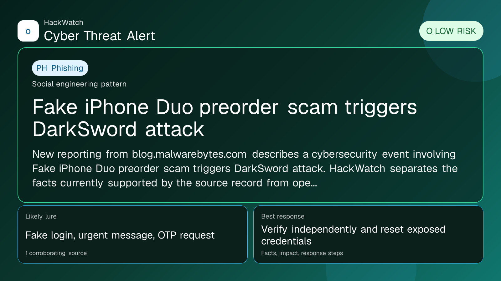Fake iPhone Duo preorder scam triggers DarkSword attack - HackWatch phishing alert image