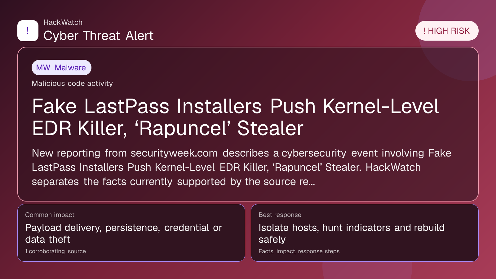 Fake LastPass Installers Push Kernel-Level EDR Killer, ‘Rapuncel’ Stealer - HackWatch malware alert image