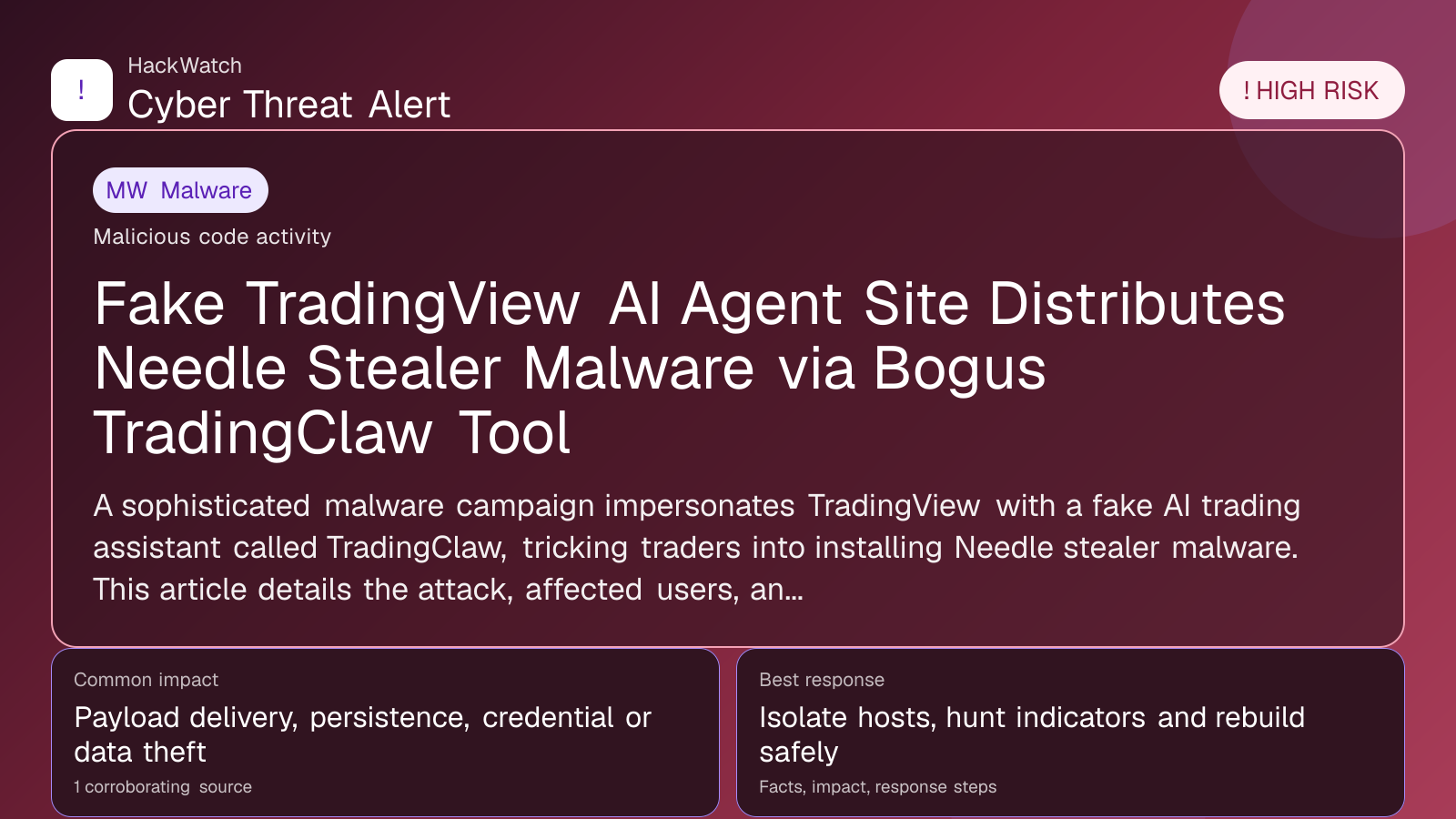 Fake TradingView AI Agent Site Distributes Needle Stealer Malware via Bogus TradingClaw Tool - HackWatch malware alert image