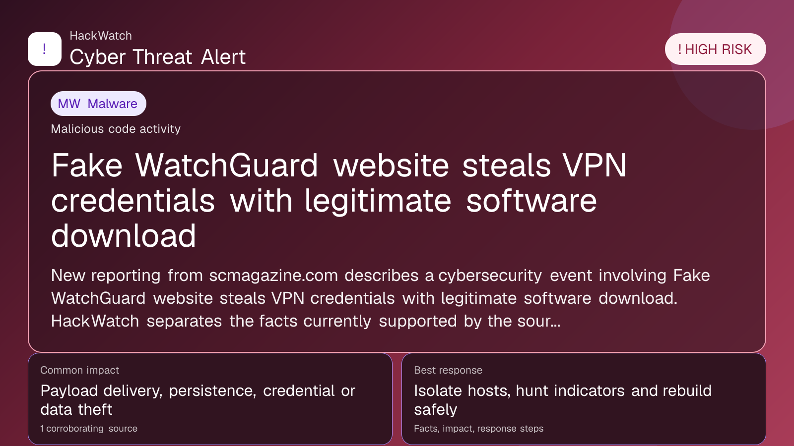 Fake WatchGuard website steals VPN credentials with legitimate software download - HackWatch malware alert image