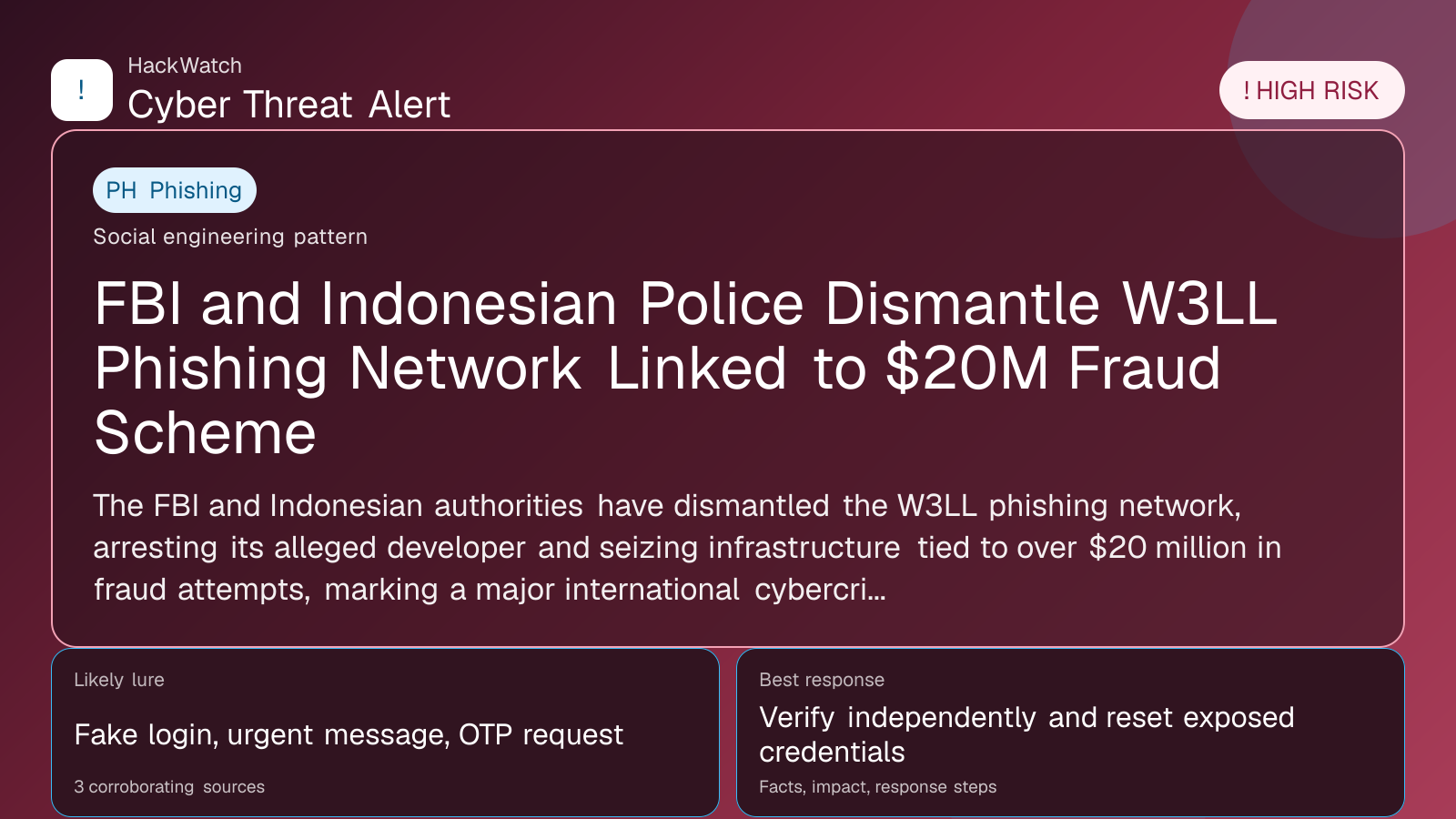 FBI and Indonesian Police Dismantle W3LL Phishing Network Linked to $20M Fraud Scheme - HackWatch phishing alert image
