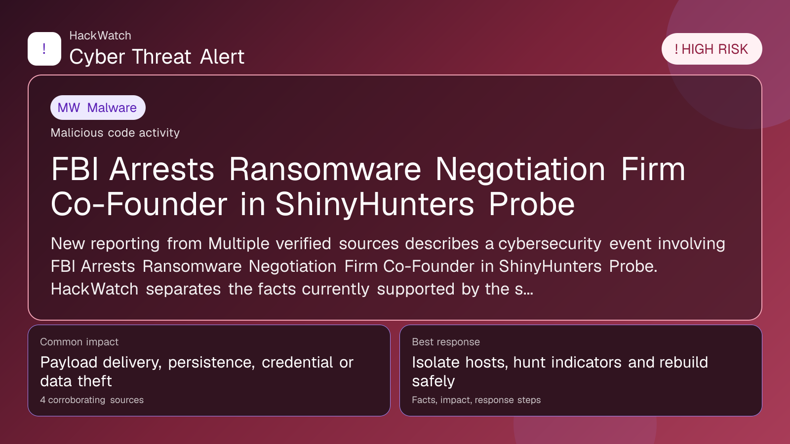 FBI Arrests Ransomware Negotiation Firm Co-Founder in ShinyHunters Probe - HackWatch malware alert image