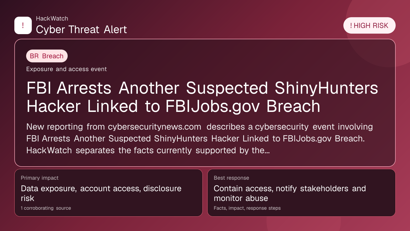 FBI Arrests Another Suspected ShinyHunters Hacker Linked to FBIJobs.gov Breach - HackWatch breach alert image