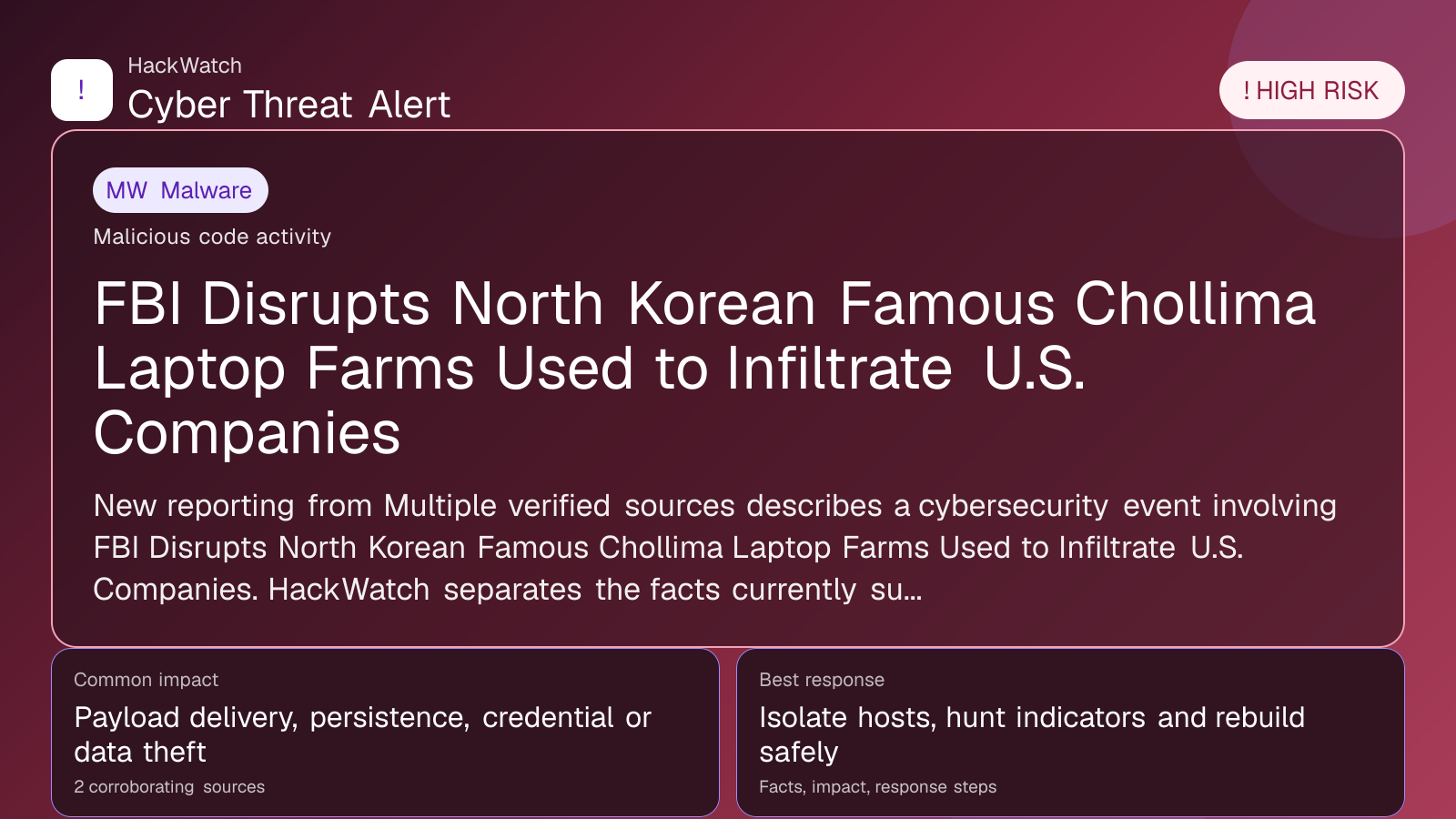 FBI Disrupts North Korean Famous Chollima Laptop Farms Used to Infiltrate U.S. Companies - HackWatch malware alert image